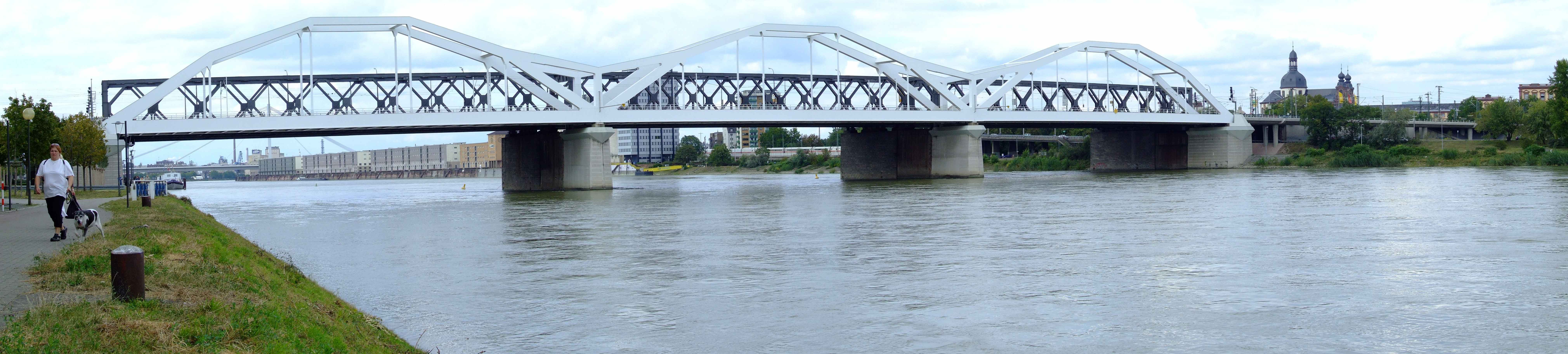 Unter der Rheinbrücke hindurch von Ludwigshafen ein Blick auf den Stromhafen in Mannheim mit den großen Lagerhallen.