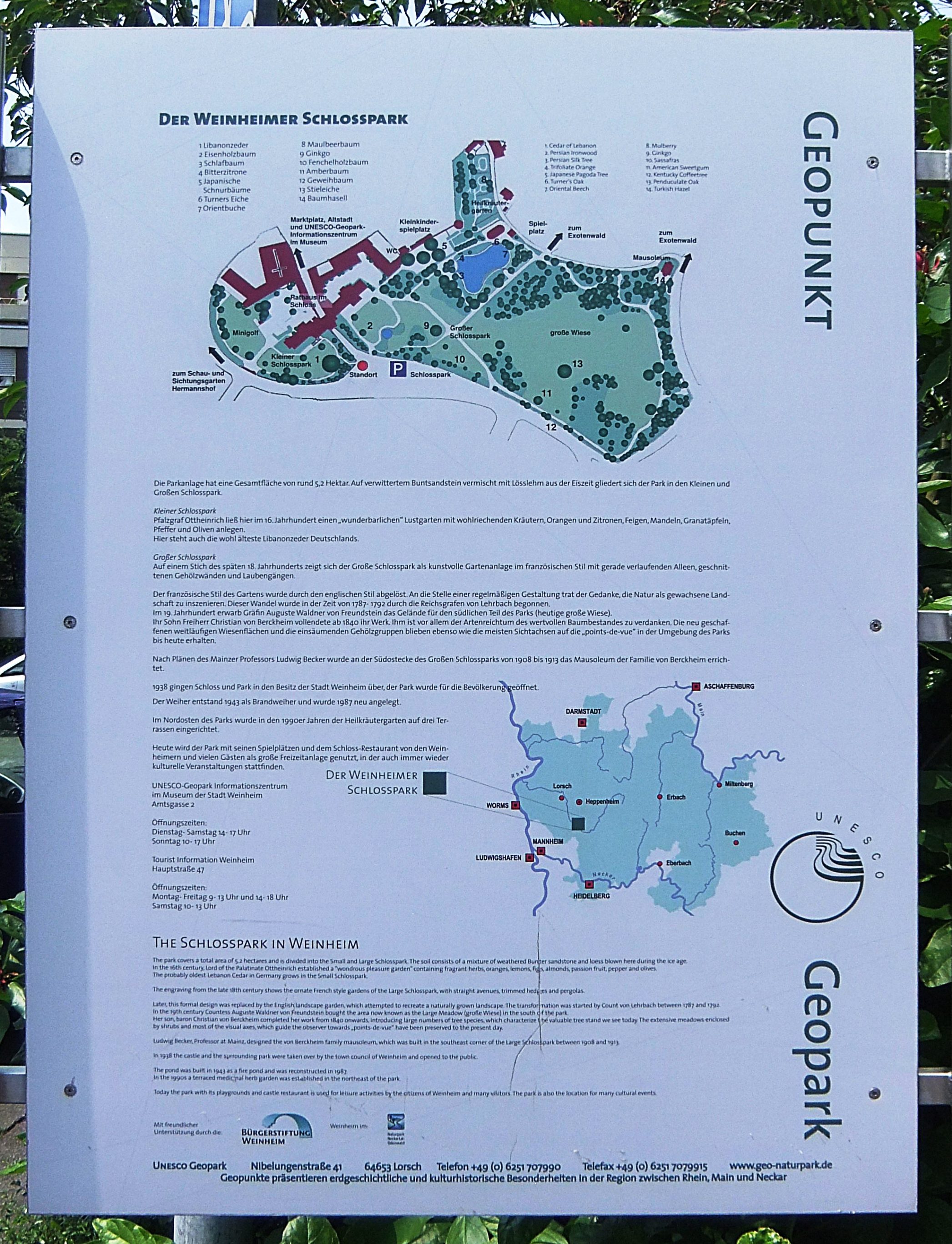 Datei:Geo-Naturpark Bergstraße-Odenwald Tafel Weinheimer Schlosspark.JPG
